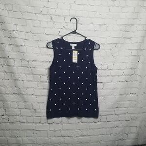 Charter Club women's size Medium sleevless top in Navy/white Polka Dot NWT